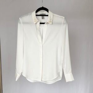 H&M White Blouse With Pearl Accent On Collar